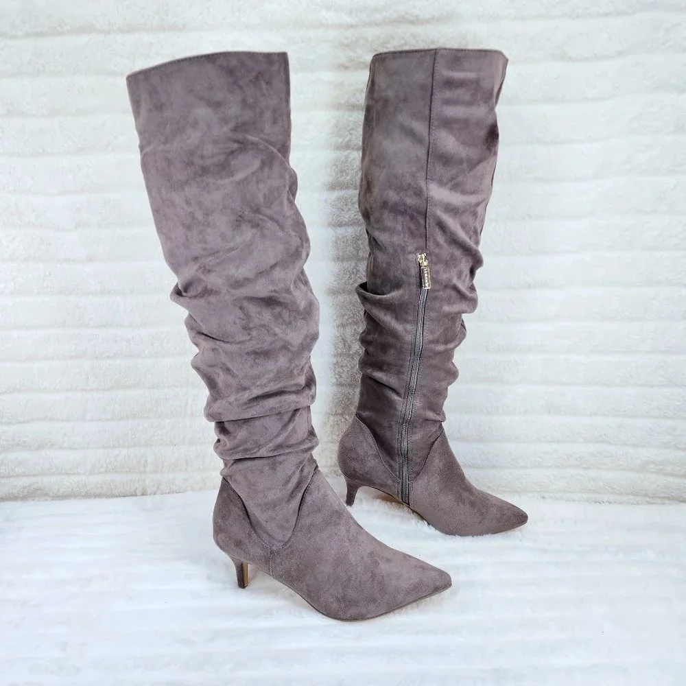 Autumn Pointy Toe Low Kitten Heel Slouchy Knee High Boots Taupe Faux Suede